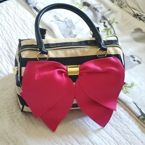 Betsey Johnson Black & White Stripe W/ Pink Bow Satchel